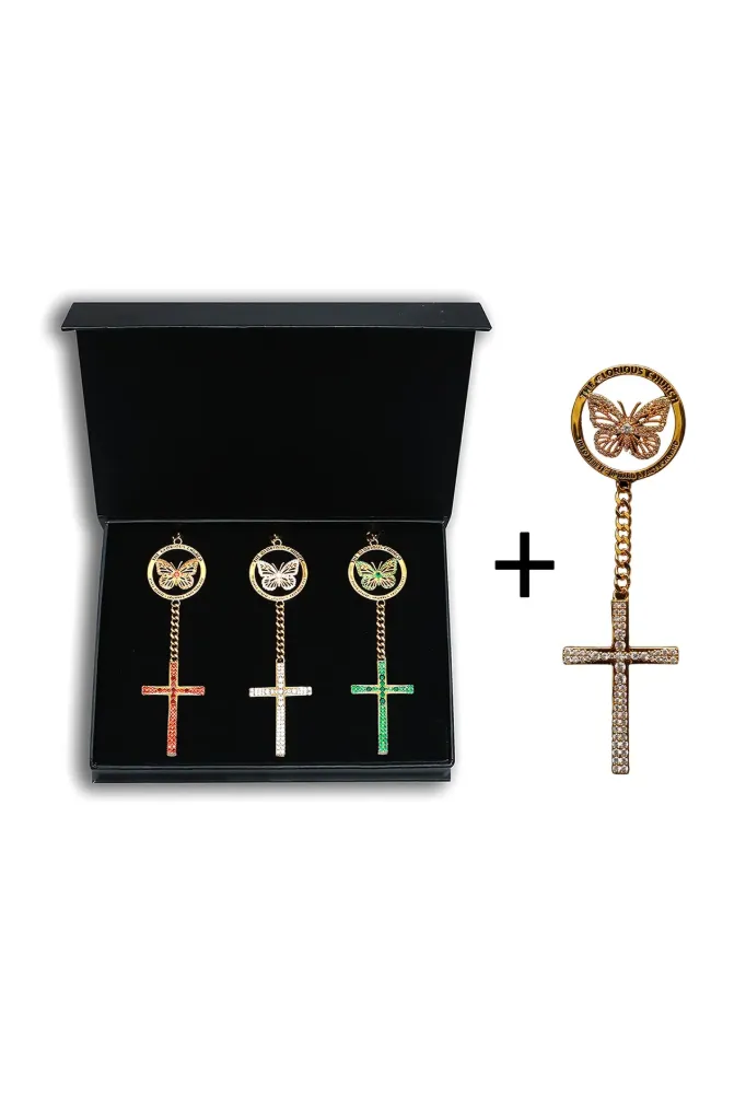 TGC Glory Chain – Complete Zircon Collection -18K Gold Plated Glory Chain(White | Red | Emerald Green Zircon) & Glory Lapel Pin with Drop Chain & Cross – White Zircon Edition