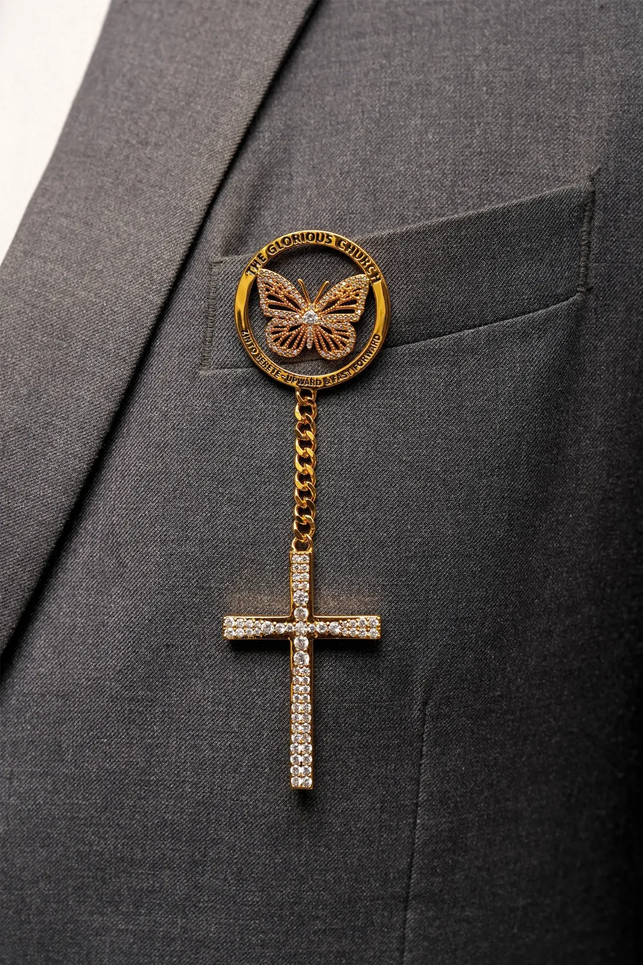 [UCRTGCLPWZ001] TGC Glory Lapel Pin With Drop Chain & Cross -18k Gold Plated | White Zircon Edition