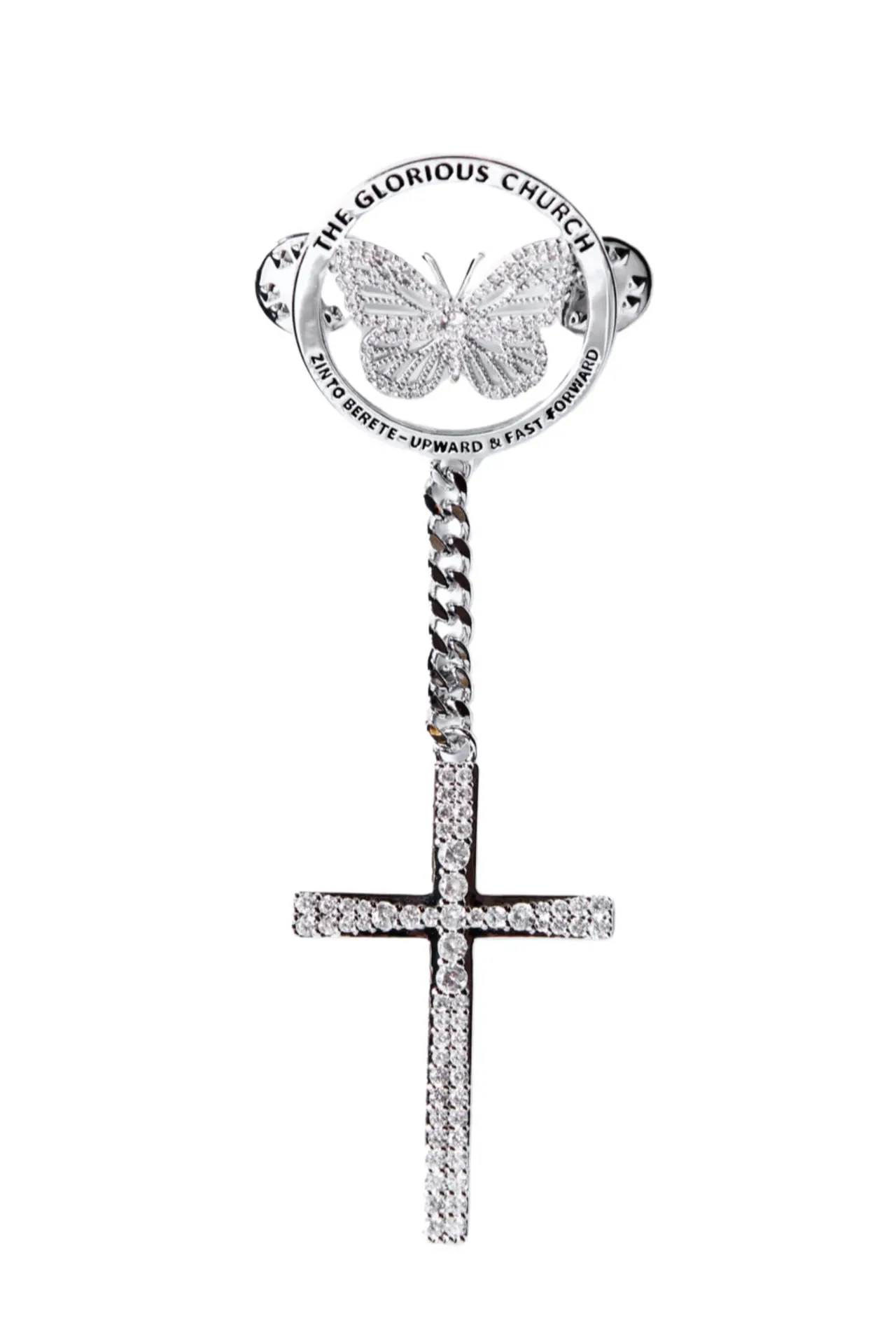 TGC Glory Lapel Pin With Drop Chain & Cross -White Gold Plated | White Zircon Edition